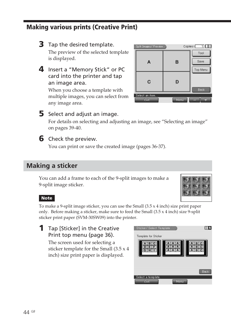 Making a sticker, Sticker | Sony DPP-EX7 User Manual | Page 44 / 99