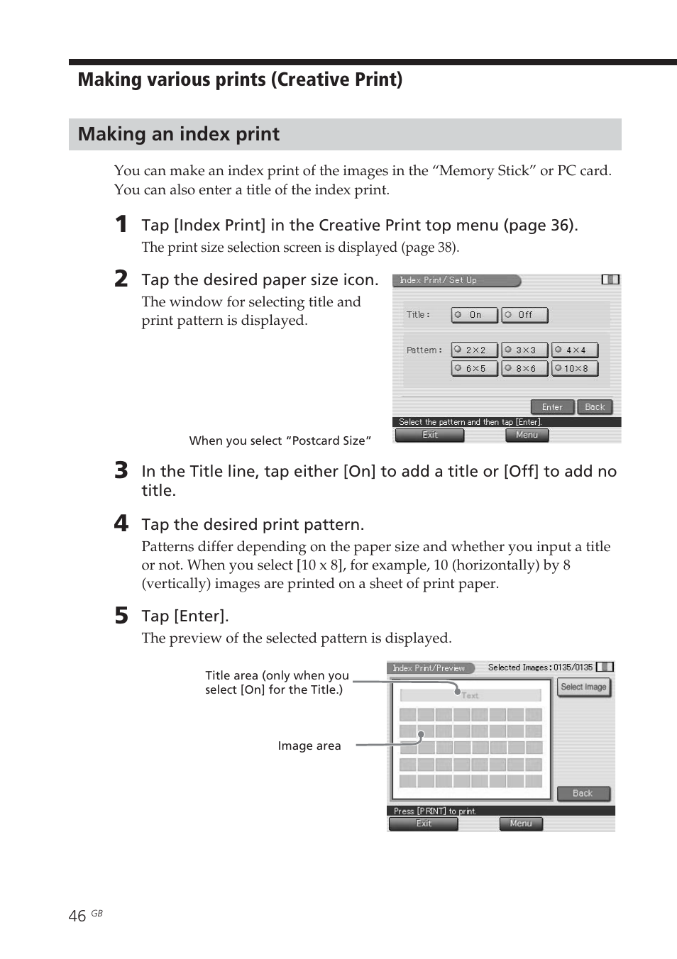 Making an index print, Index print, Index prints | Sony DPP-EX7 User Manual | Page 46 / 99