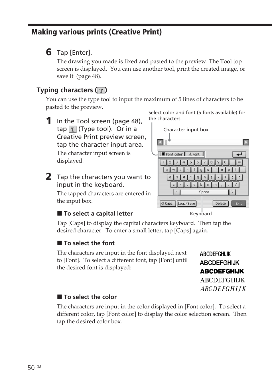 Typing characters (), Entering characters, Type tool | Typing characters, Making various prints (creative print) | Sony DPP-EX7 User Manual | Page 50 / 99