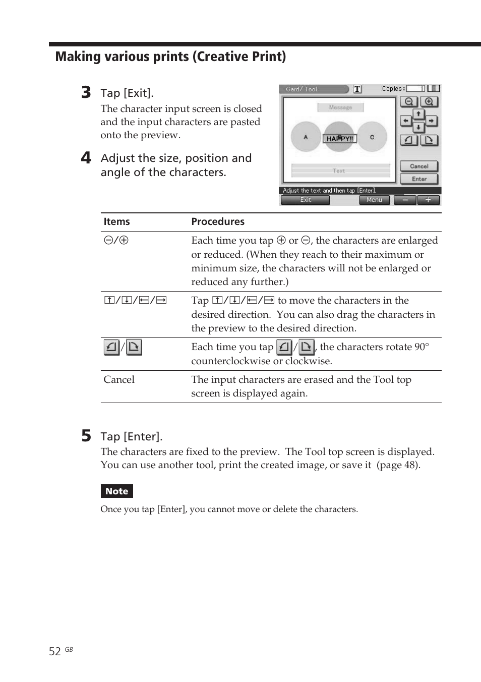 Pasting stamps, Making various prints (creative print) | Sony DPP-EX7 User Manual | Page 52 / 99