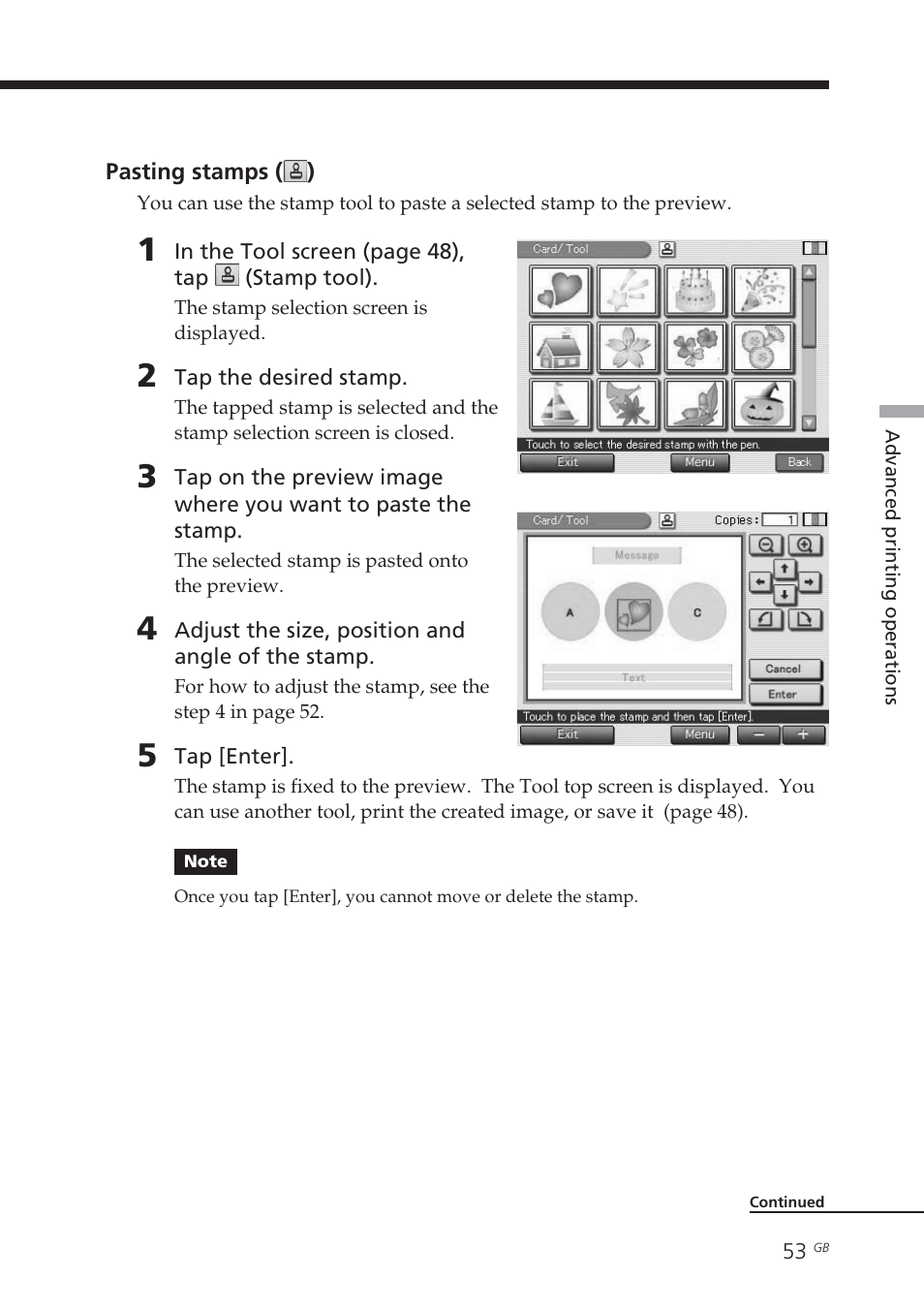 Pasting stamps (), Stamp tool | Sony DPP-EX7 User Manual | Page 53 / 99