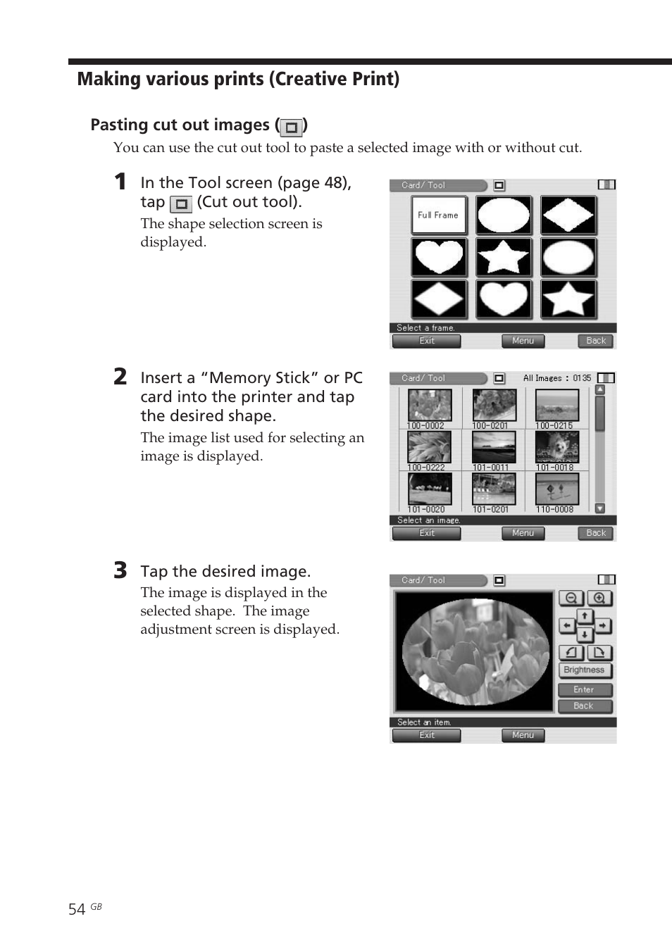 Pasting cut out images (), Cut out tool, Pasting cut out images | Sony DPP-EX7 User Manual | Page 54 / 99