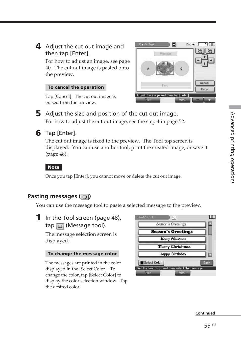 Pasting messages (), Message tool, Pasting messages | Sony DPP-EX7 User Manual | Page 55 / 99