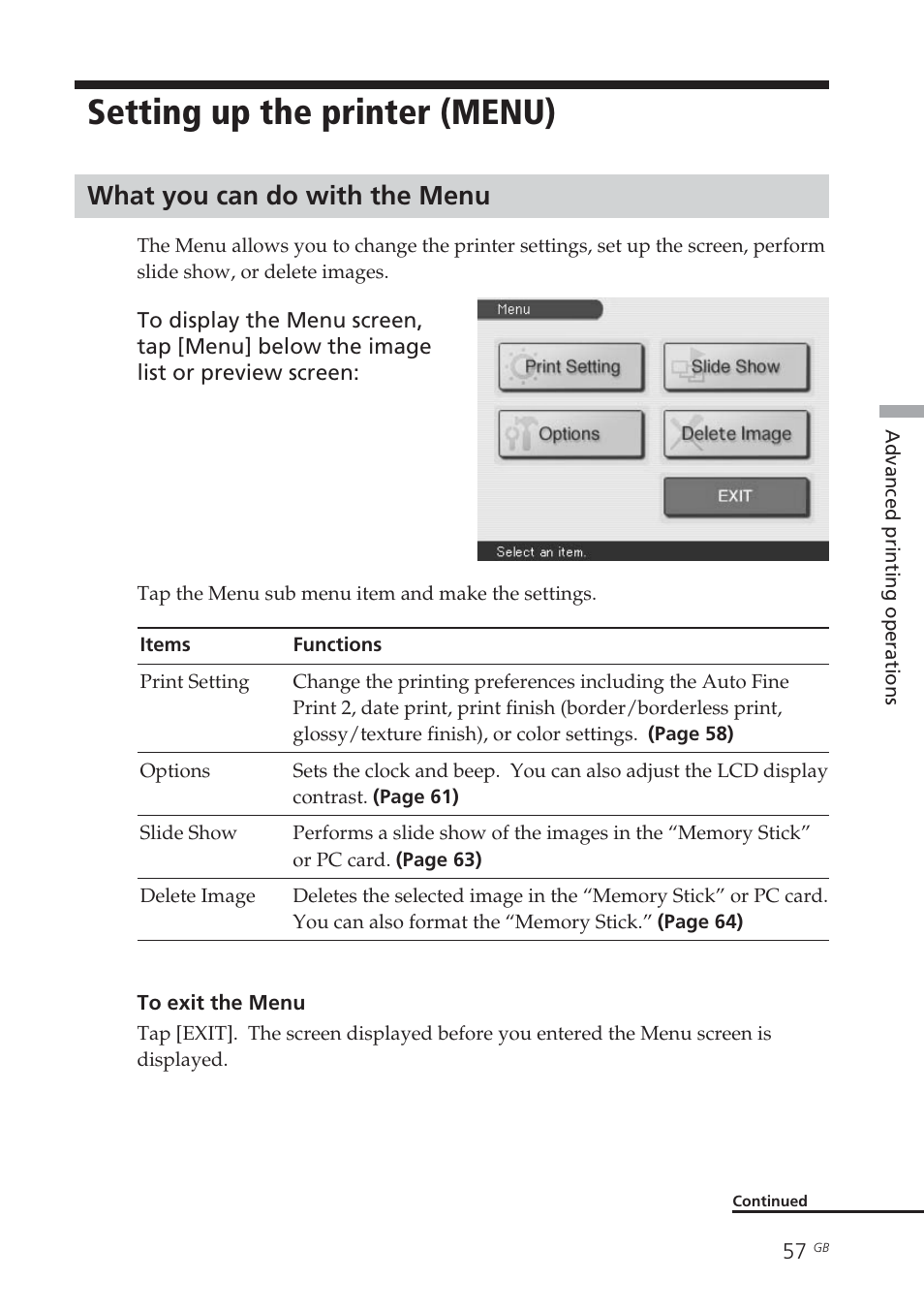 Setting up the printer (menu), What you can do with the menu, Menu screen | Sony DPP-EX7 User Manual | Page 57 / 99