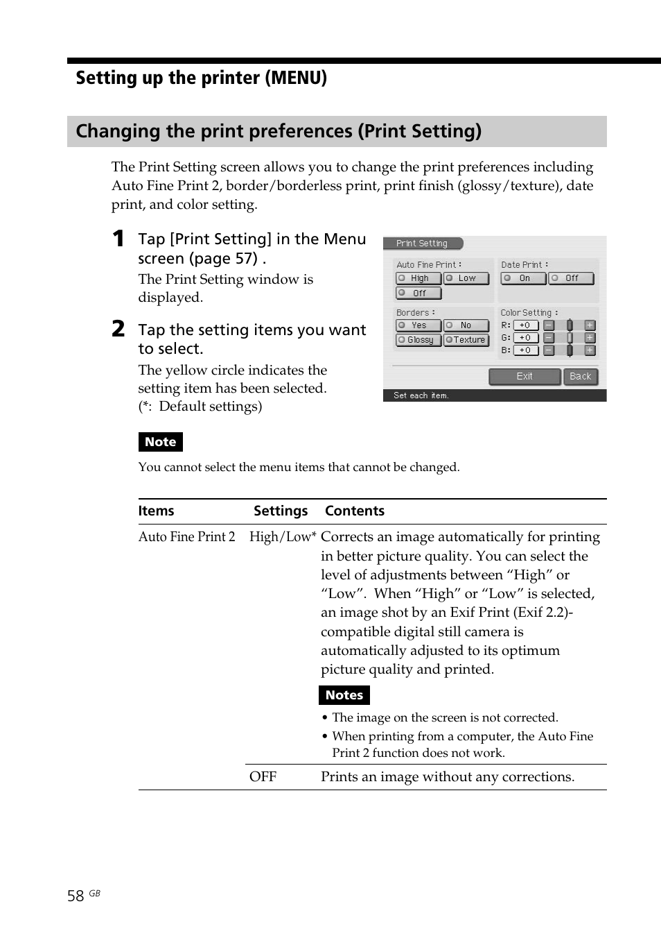 Changing the print preferences (print setting), Auto fine print 2, Print setting | Setting up the printer (menu) | Sony DPP-EX7 User Manual | Page 58 / 99