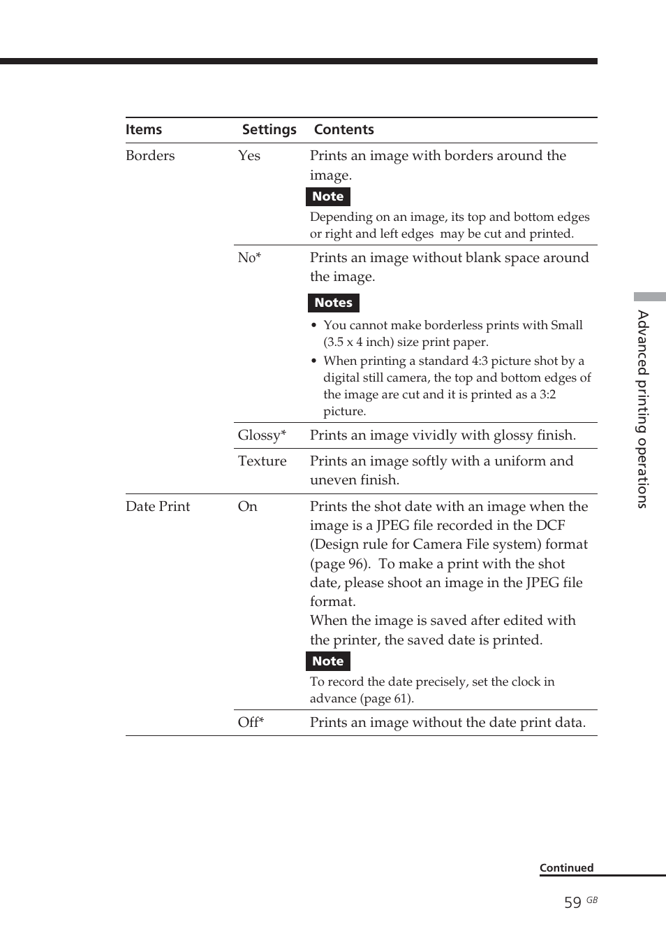 Border/borderless print, Date print, Glossy | Texture | Sony DPP-EX7 User Manual | Page 59 / 99