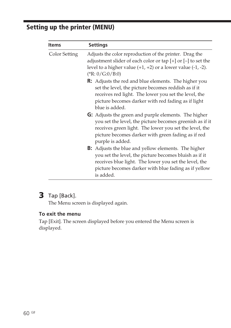 Color setting, Setting up the printer (menu) | Sony DPP-EX7 User Manual | Page 60 / 99