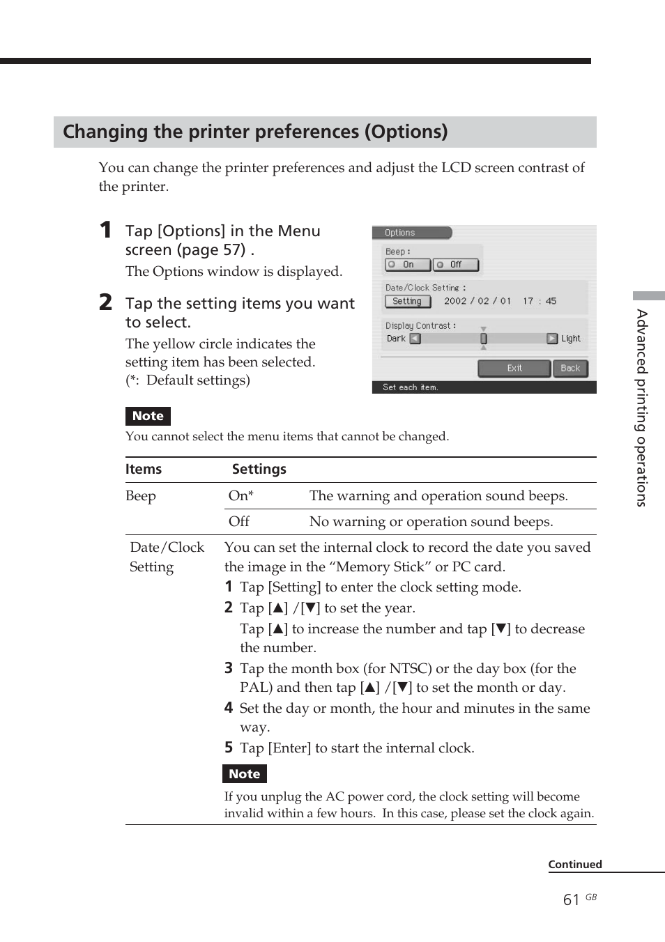 Changing the printer preferences (options), Beep, Clock setting | Options | Sony DPP-EX7 User Manual | Page 61 / 99