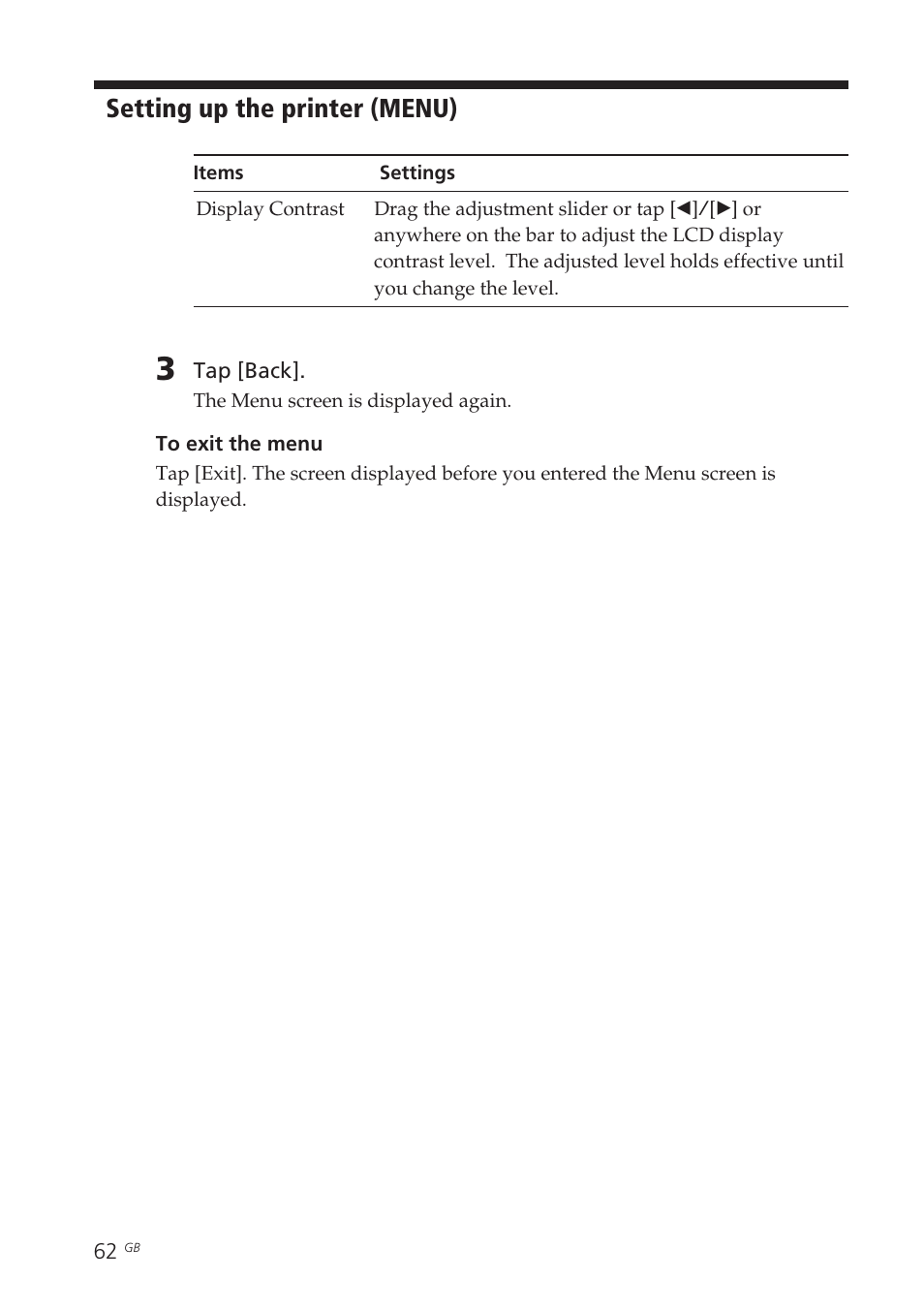 Lcd display contrast, Setting up the printer (menu) | Sony DPP-EX7 User Manual | Page 62 / 99