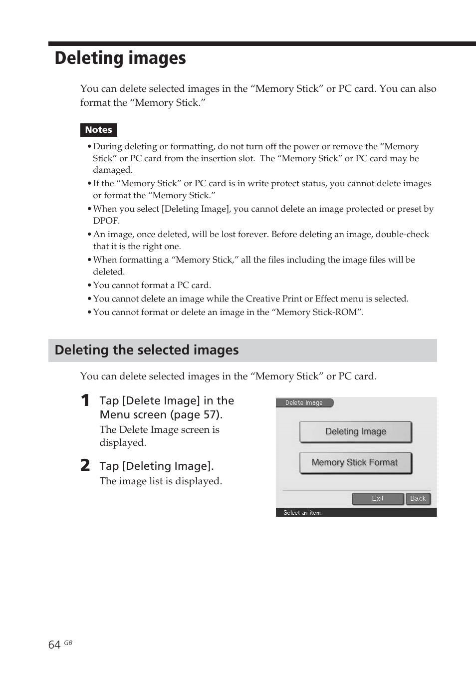 Deleting images, Deleting the selected images | Sony DPP-EX7 User Manual | Page 64 / 99