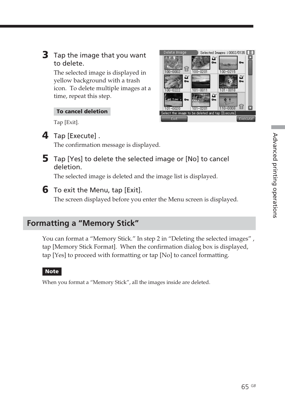 Formatting a “memory stick, Formatting the “memory stick | Sony DPP-EX7 User Manual | Page 65 / 99