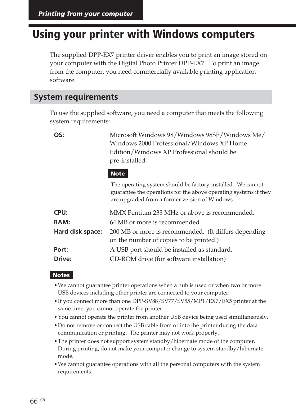 Printing from your computer, Using your printer with windows computers, System requirements | Windows, Using your printer with windows, Computers system requirements | Sony DPP-EX7 User Manual | Page 66 / 99