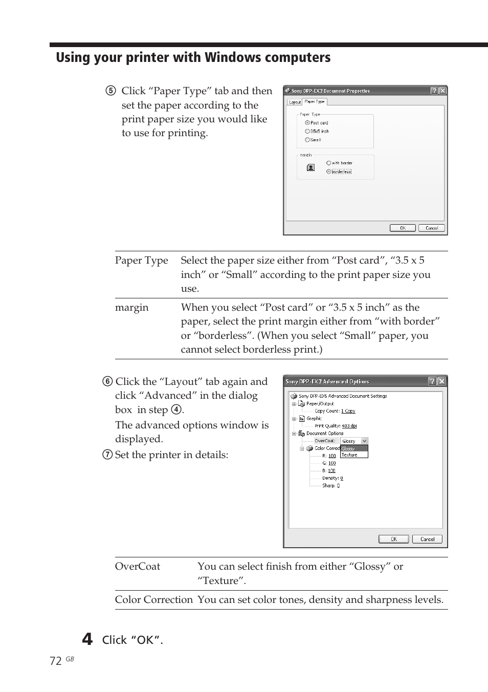 Using your printer with windows computers | Sony DPP-EX7 User Manual | Page 72 / 99