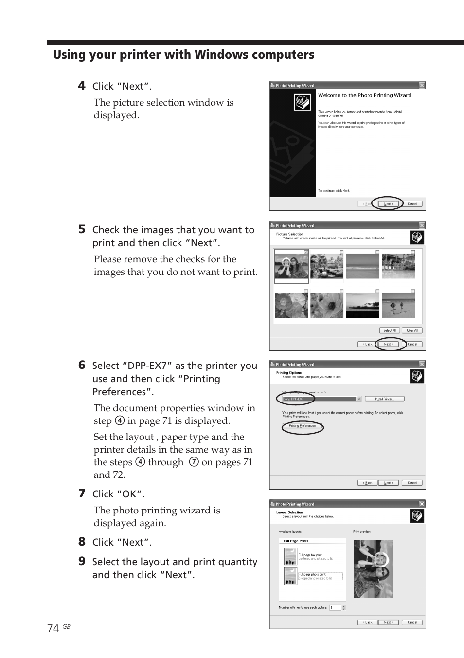 Using your printer with windows computers | Sony DPP-EX7 User Manual | Page 74 / 99