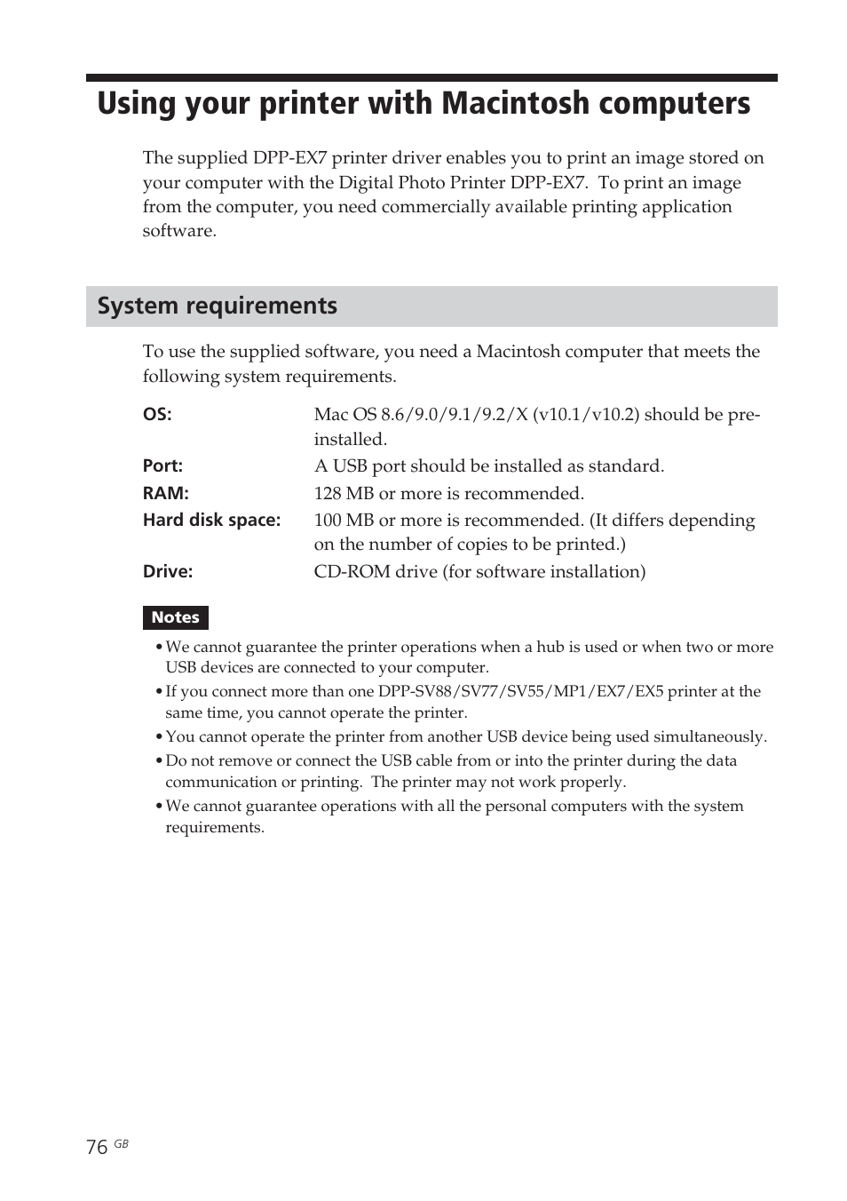 Using your printer with macintosh computers, System requirements, Macintosh | Using your printer with macintosh, Computers system requirements | Sony DPP-EX7 User Manual | Page 76 / 99