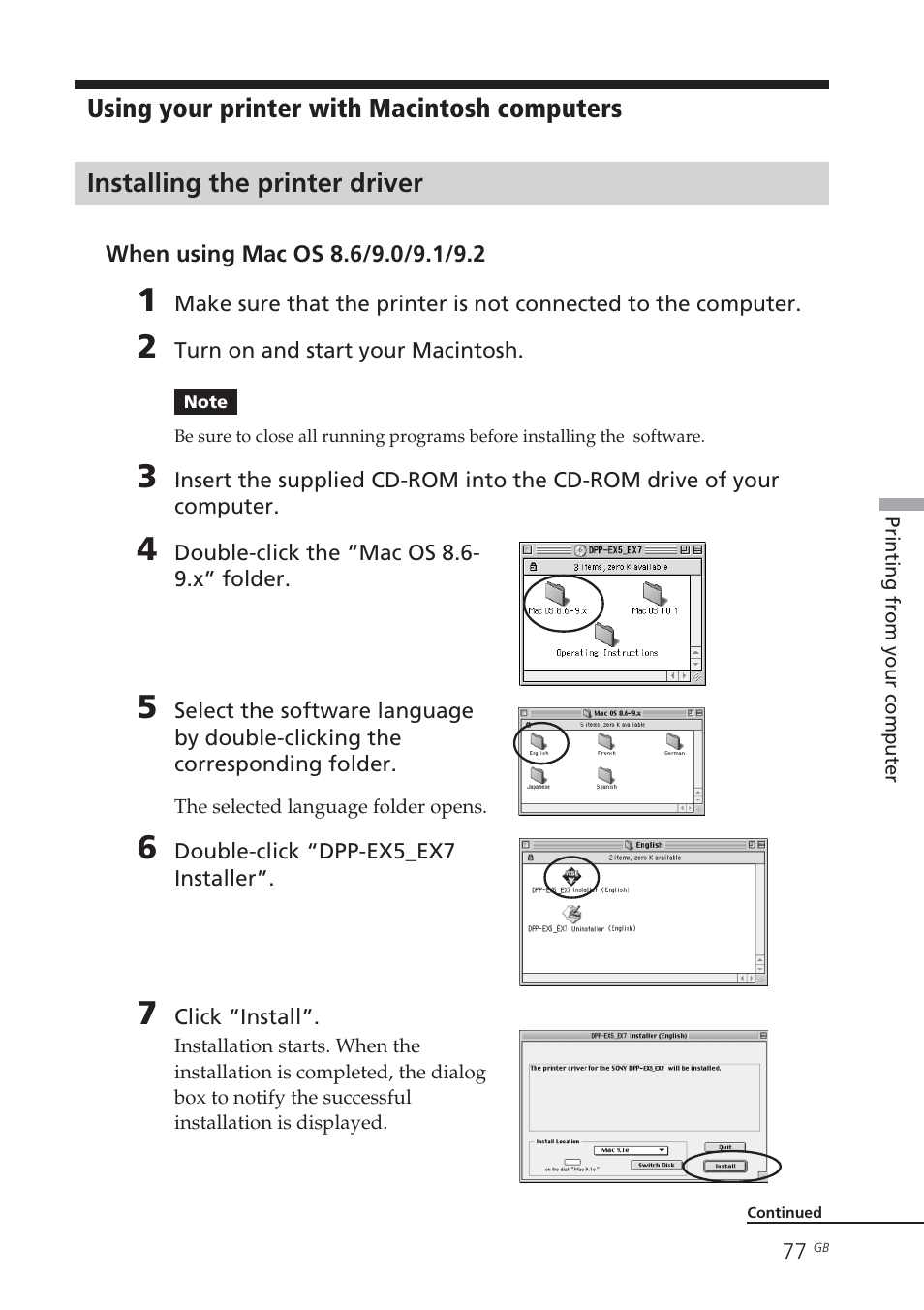 Installing the printer driver, Macintosh | Sony DPP-EX7 User Manual | Page 77 / 99