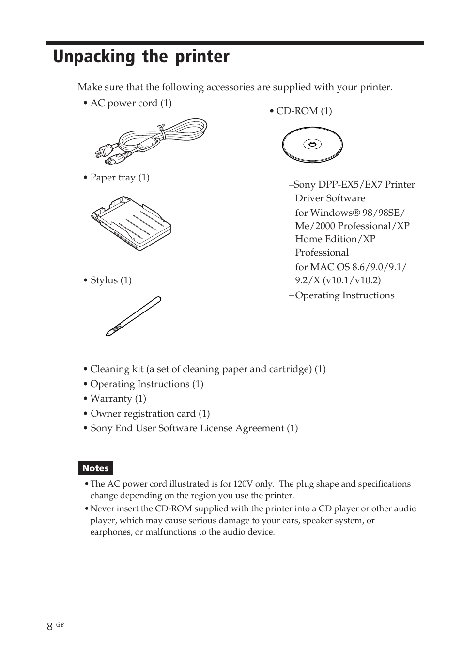 Unpacking the printer, Supplied accessories | Sony DPP-EX7 User Manual | Page 8 / 99