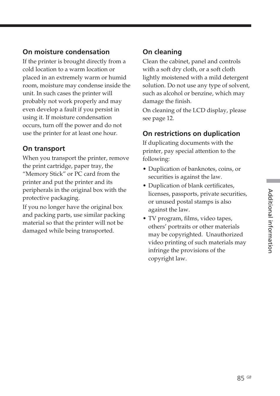 Moisture condensation | Sony DPP-EX7 User Manual | Page 85 / 99