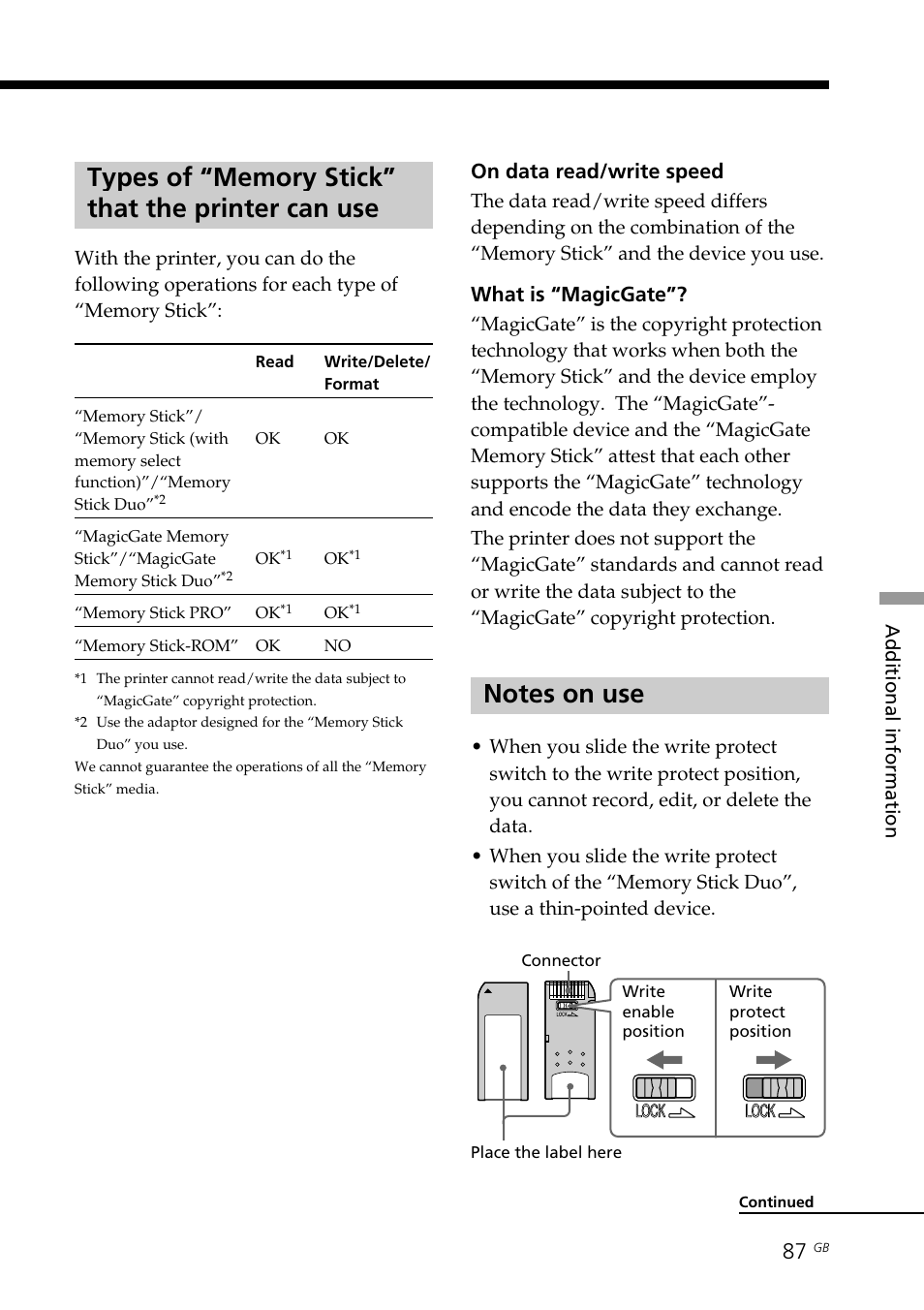 Types of “memory stick” that the printer can use, Notes on use, On data read/write speed | What is “magicgate | Sony DPP-EX7 User Manual | Page 87 / 99