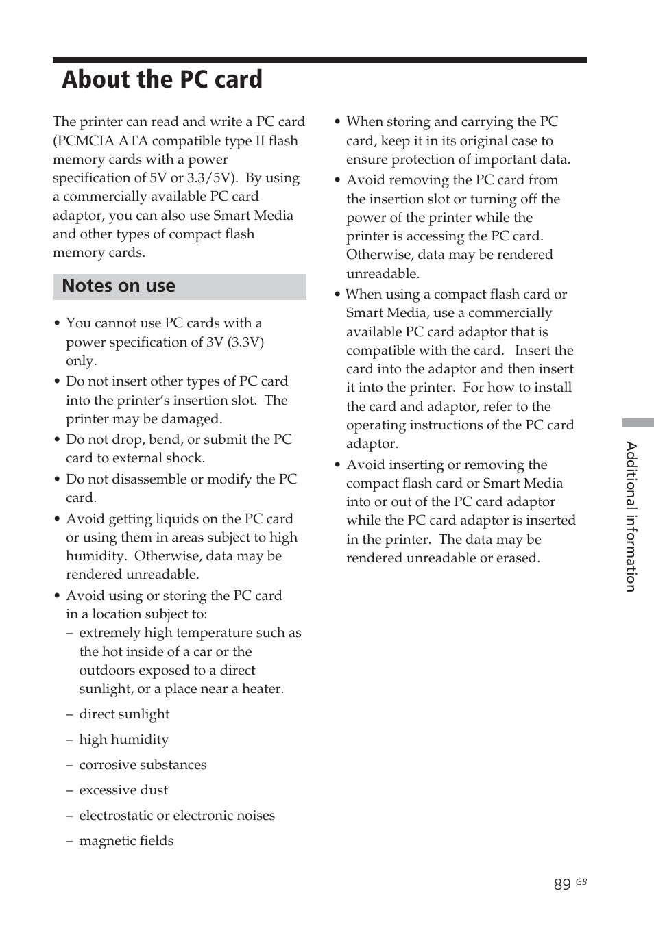 About the pc card, Notes on use, Write protection | Note on use | Sony DPP-EX7 User Manual | Page 89 / 99