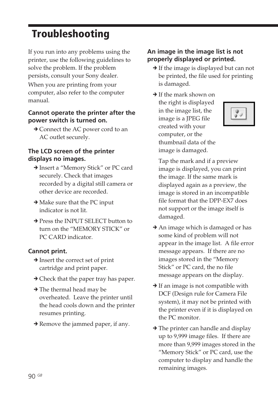 Troubleshooting, Thumbnails | Sony DPP-EX7 User Manual | Page 90 / 99