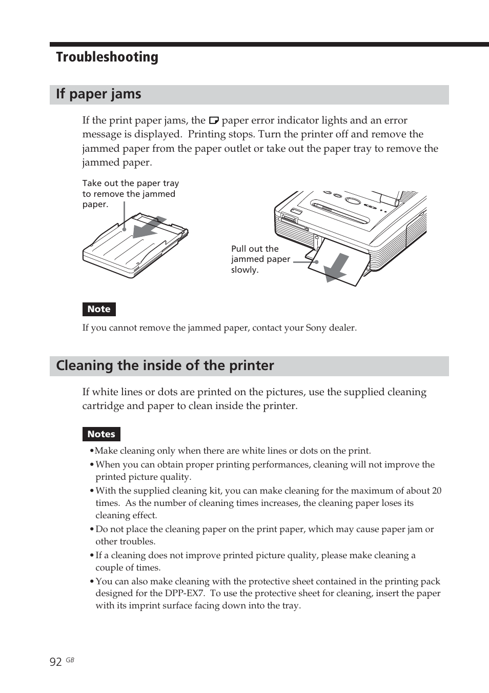 If paper jams, Cleaning the inside of the printer, Cleaning the printer | Paper jams, If paper jams cleaning the inside of the printer, Troubleshooting | Sony DPP-EX7 User Manual | Page 92 / 99