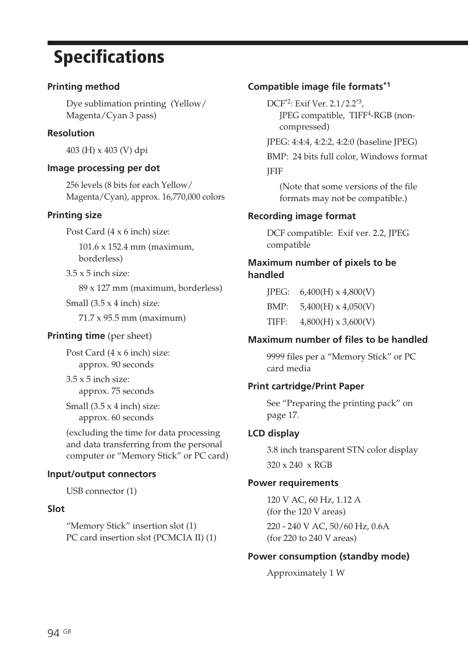 Specifications | Sony DPP-EX7 User Manual | Page 94 / 99