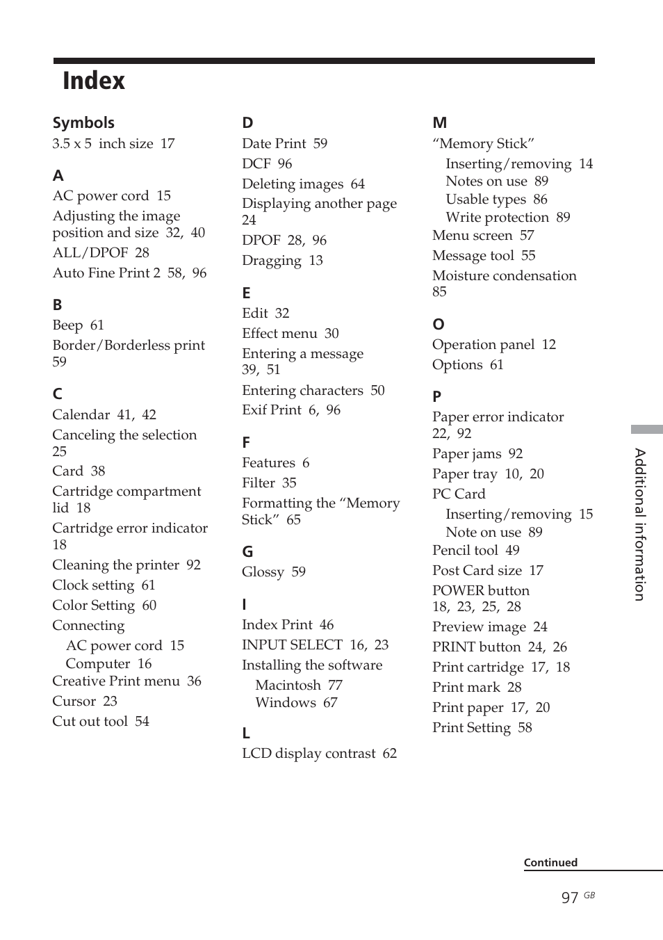 Index, Symbols, Connecting | Installing the software, Memory stick, Pc card | Sony DPP-EX7 User Manual | Page 97 / 99