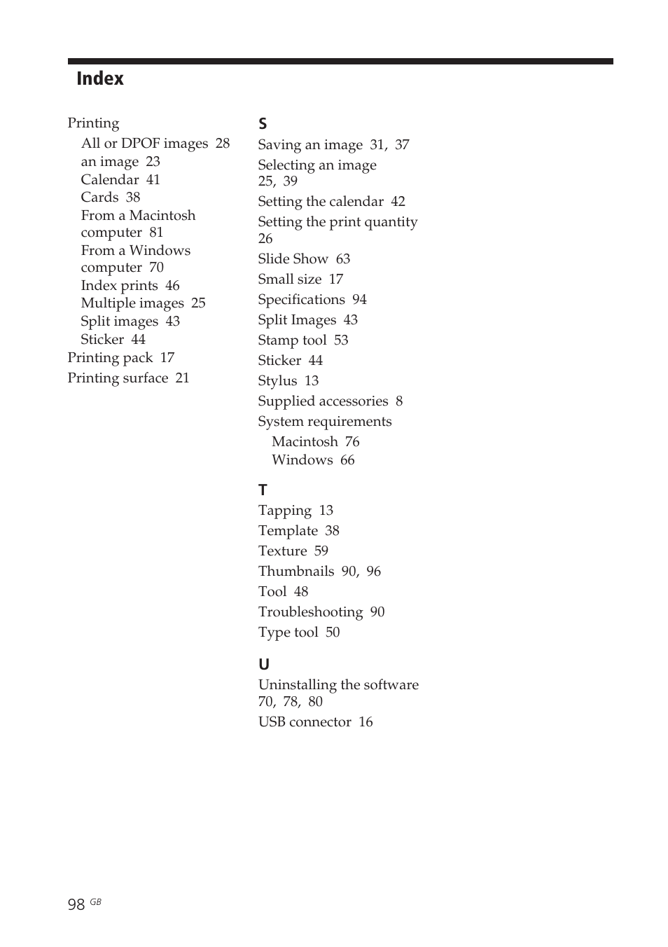 Printing, System requirements, Index | Sony DPP-EX7 User Manual | Page 98 / 99