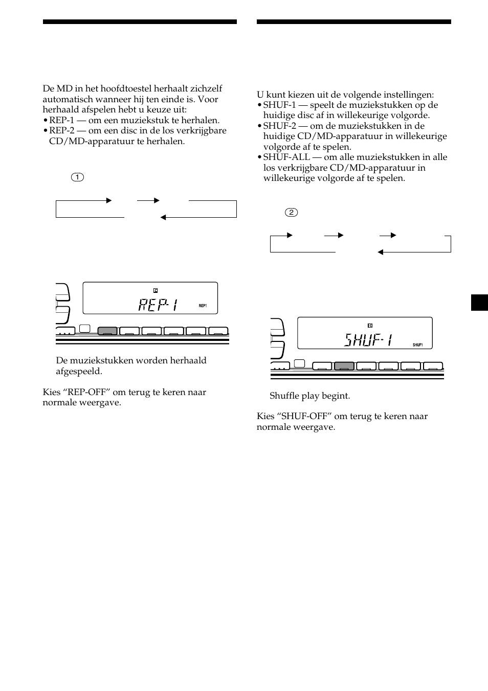Muziekstukken herhaald afspelen, Muziekstukken in willekeurige volgorde afspelen, Herhaald afspelen | Shuffle play | Sony MDX-CA580 User Manual | Page 131 / 152