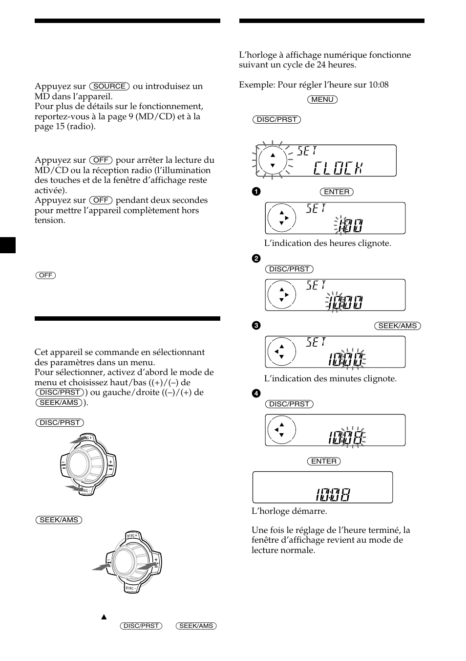8mise sous/hors tension de l’appareil, Utilisation du menu, Réglage de l’horloge | Sony MDX-CA580 User Manual | Page 68 / 152