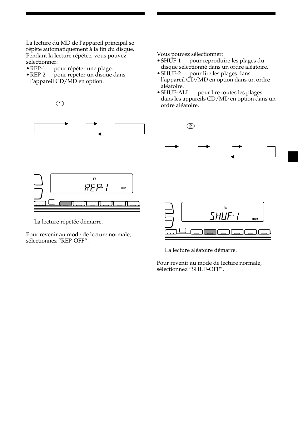 Lecture de plages répétée, Lecture de plages dans un ordre quelconque, Lecture répétée | Lecture aléatoire | Sony MDX-CA580 User Manual | Page 71 / 152