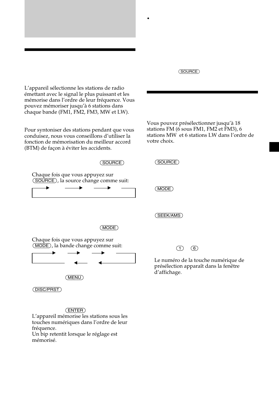 Radio, Mémorisation automatique des stations, Mémorisation de stations déterminées | Sony MDX-CA580 User Manual | Page 75 / 152
