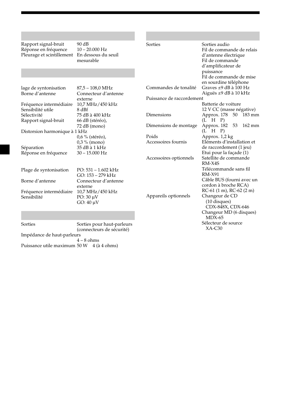 28 spécifications, Lecteur md, Radio | Amplificateur de puissance, Caractéristiques générales | Sony MDX-CA580 User Manual | Page 88 / 152