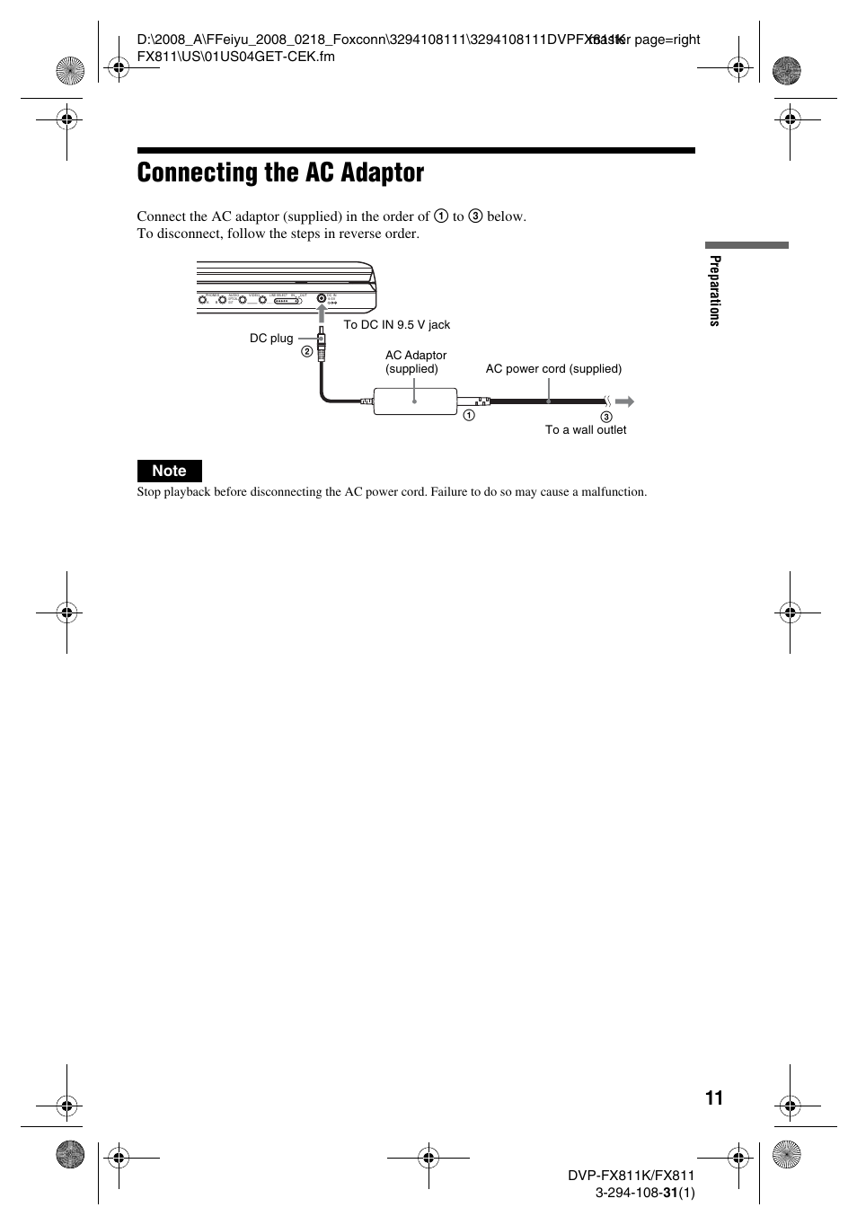 Connecting the ac adaptor | Sony DVP-FX811 User Manual | Page 11 / 60