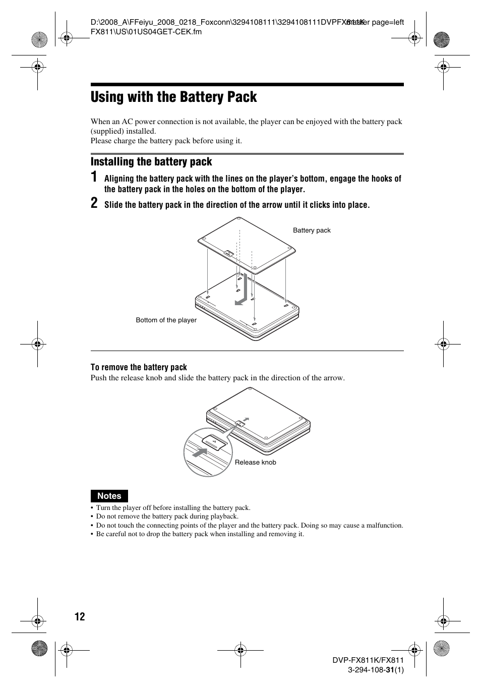 Using with the battery pack, Installing the battery pack | Sony DVP-FX811 User Manual | Page 12 / 60