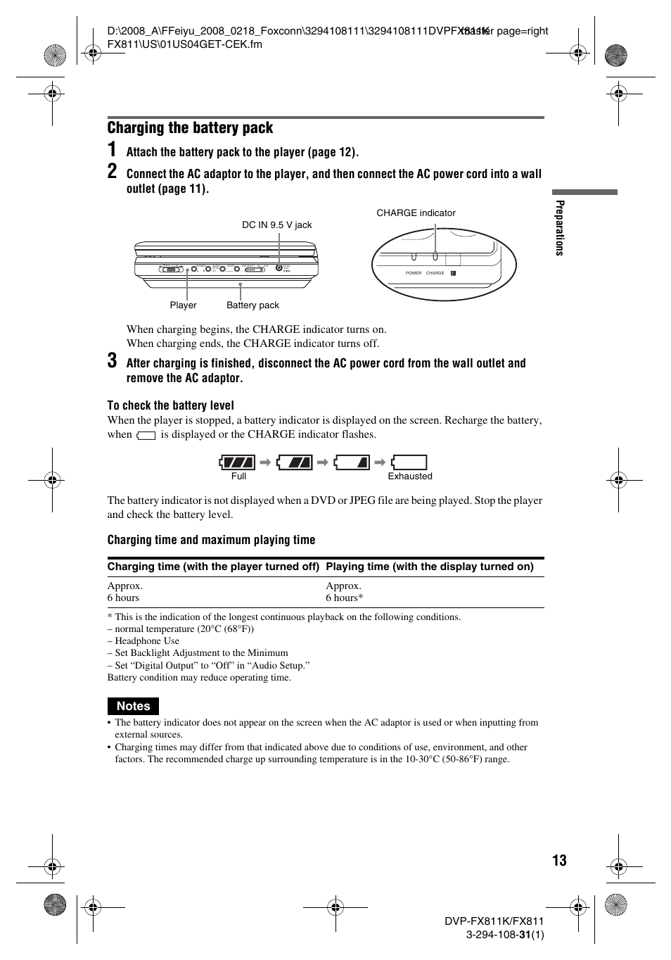 Charging the battery pack, Attach the battery pack to the player (page 12), Charging time and maximum playing time | Sony DVP-FX811 User Manual | Page 13 / 60