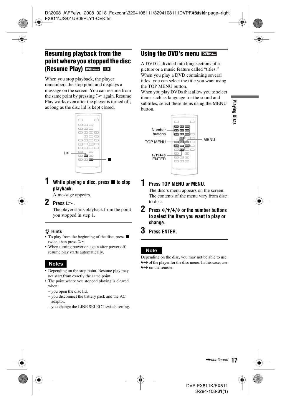 Using the dvd’s menu, While playing a disc, press x to stop playback, Press h | Press top menu or menu | Sony DVP-FX811 User Manual | Page 17 / 60