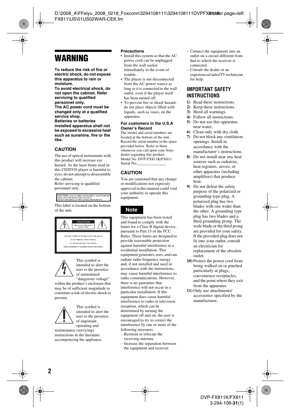 Warning | Sony DVP-FX811 User Manual | Page 2 / 60