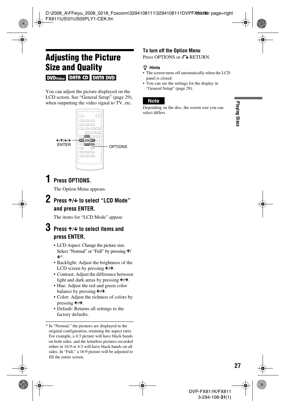 Adjusting the picture size and quality, Press options, Press x / x to select “lcd mode” and press enter | Press x/x to select items and press enter | Sony DVP-FX811 User Manual | Page 27 / 60