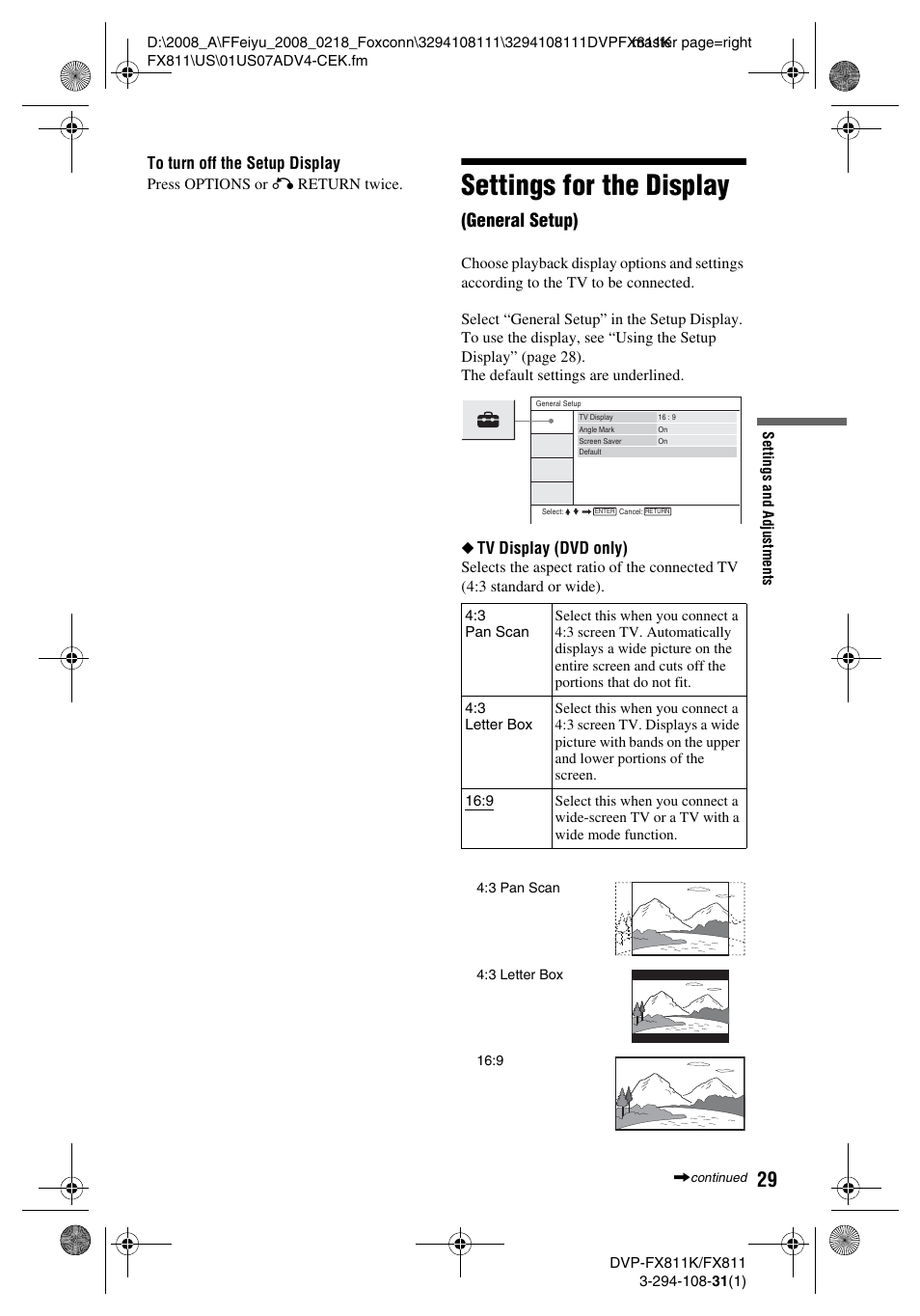 Settings for the display, General setup), Tv display (dvd only) | Sony DVP-FX811 User Manual | Page 29 / 60