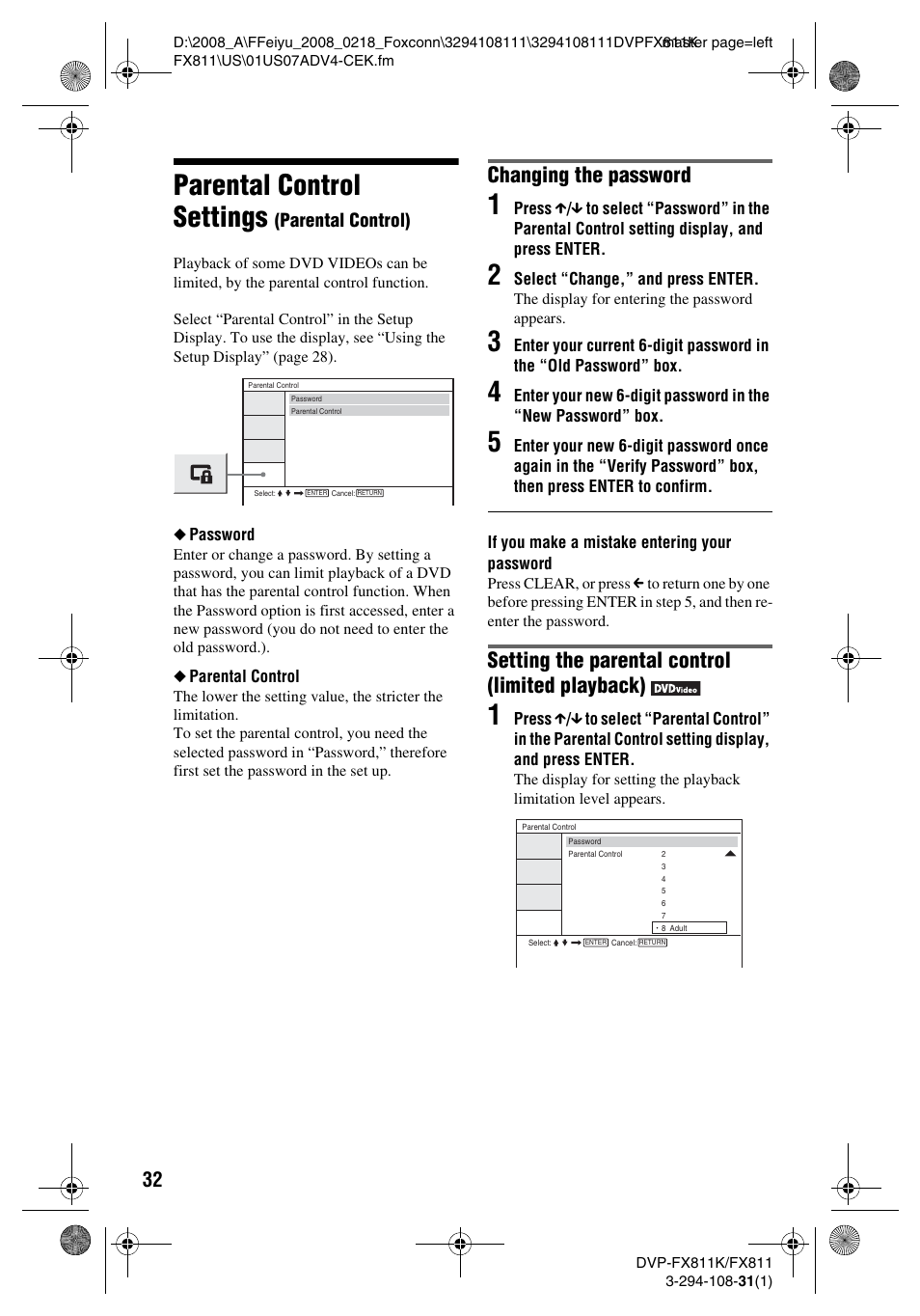 Parental control settings, Changing the password, Setting the parental control (limited playback) | Parental control) | Sony DVP-FX811 User Manual | Page 32 / 60