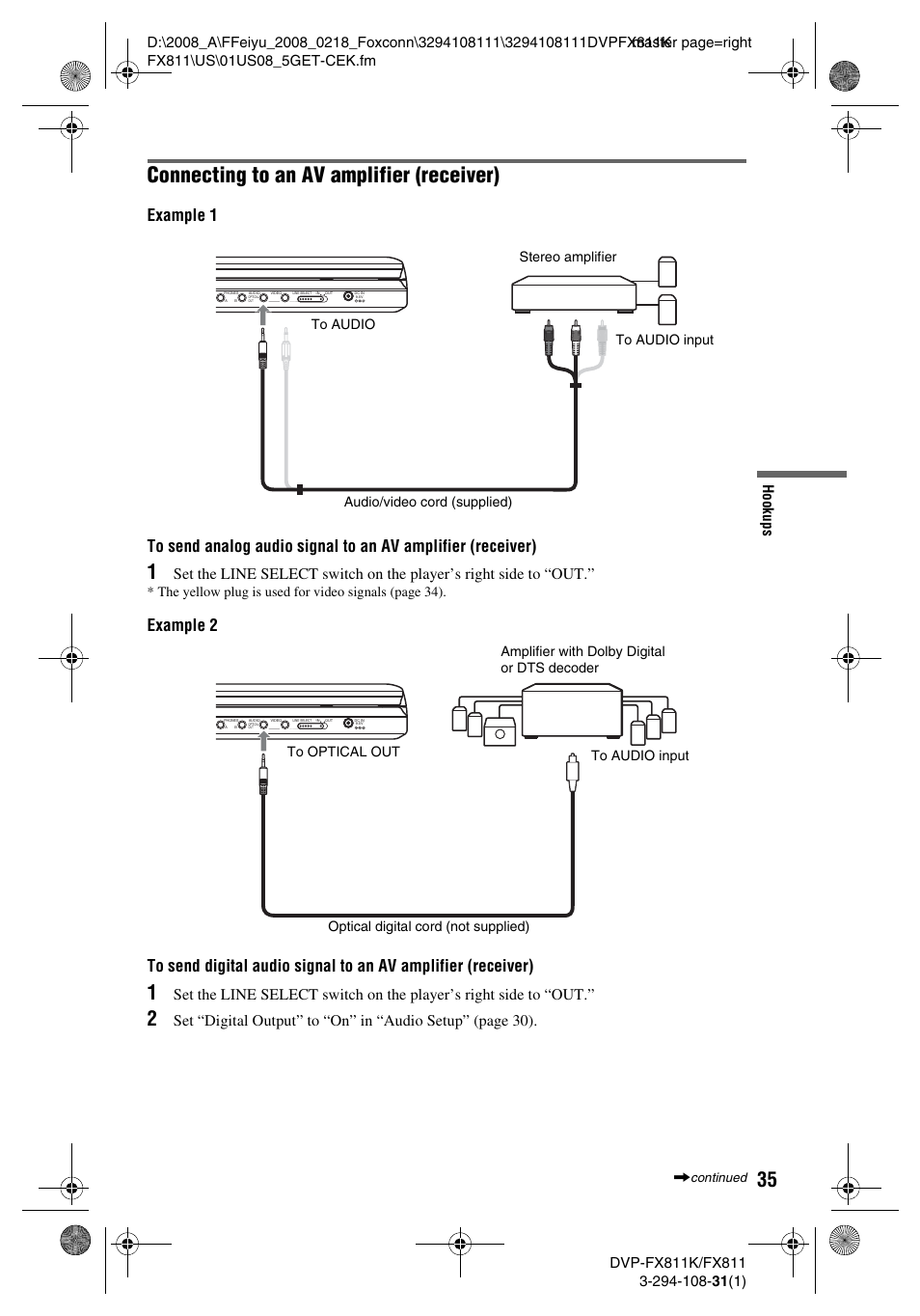 Connecting to an av amplifier (receiver) | Sony DVP-FX811 User Manual | Page 35 / 60