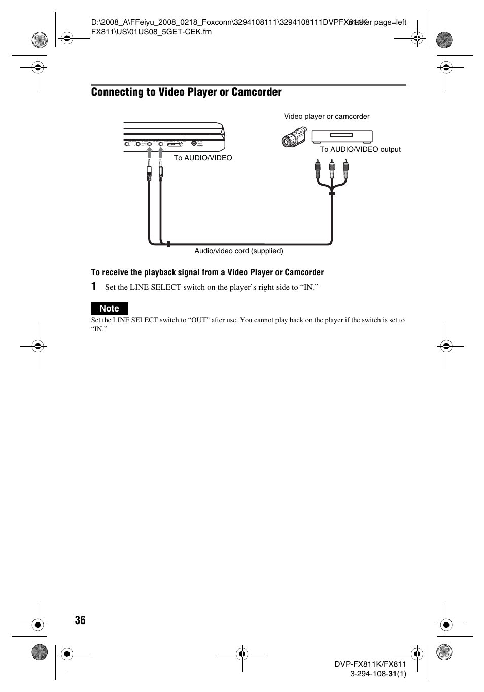 Connecting to video player or camcorder | Sony DVP-FX811 User Manual | Page 36 / 60