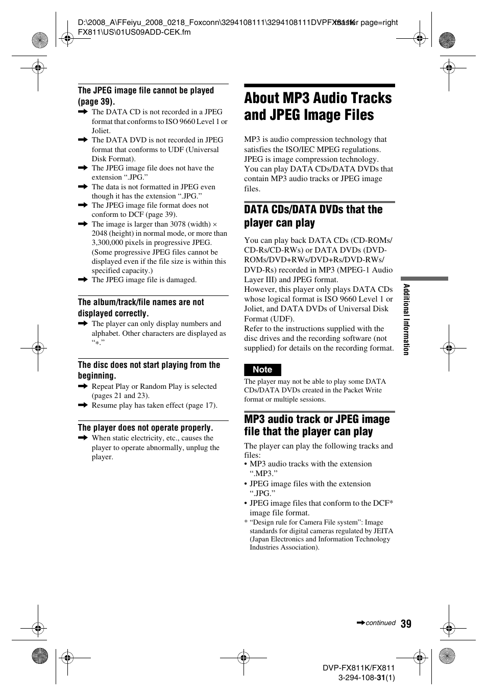 About mp3 audio tracks and jpeg image files, Data cds/data dvds that the player can play | Sony DVP-FX811 User Manual | Page 39 / 60