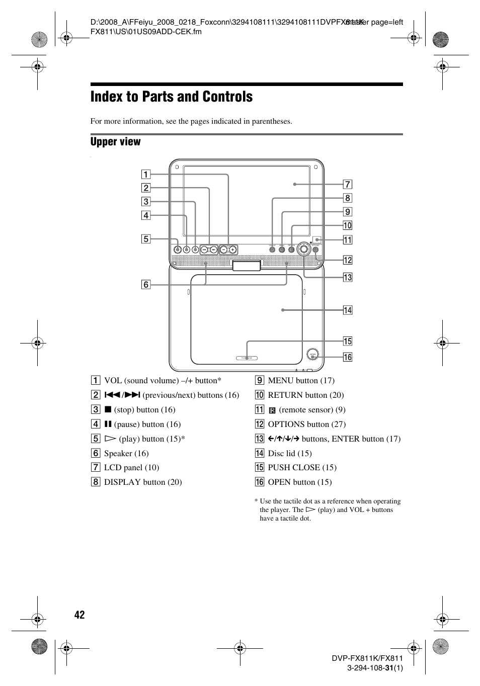 Index to parts and controls, Upper view | Sony DVP-FX811 User Manual | Page 42 / 60