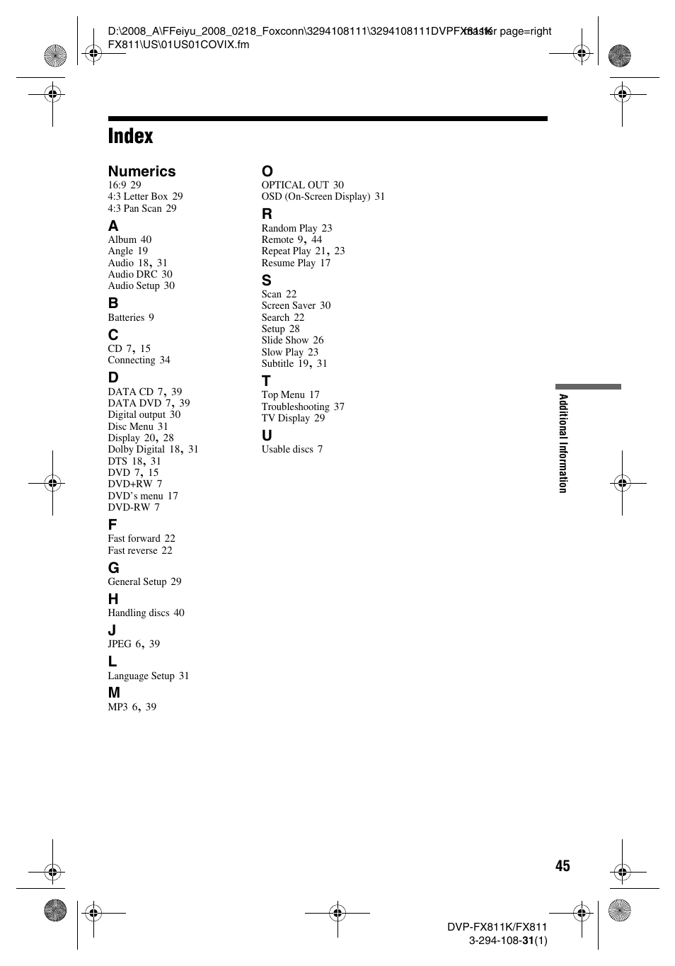 Index | Sony DVP-FX811 User Manual | Page 45 / 60