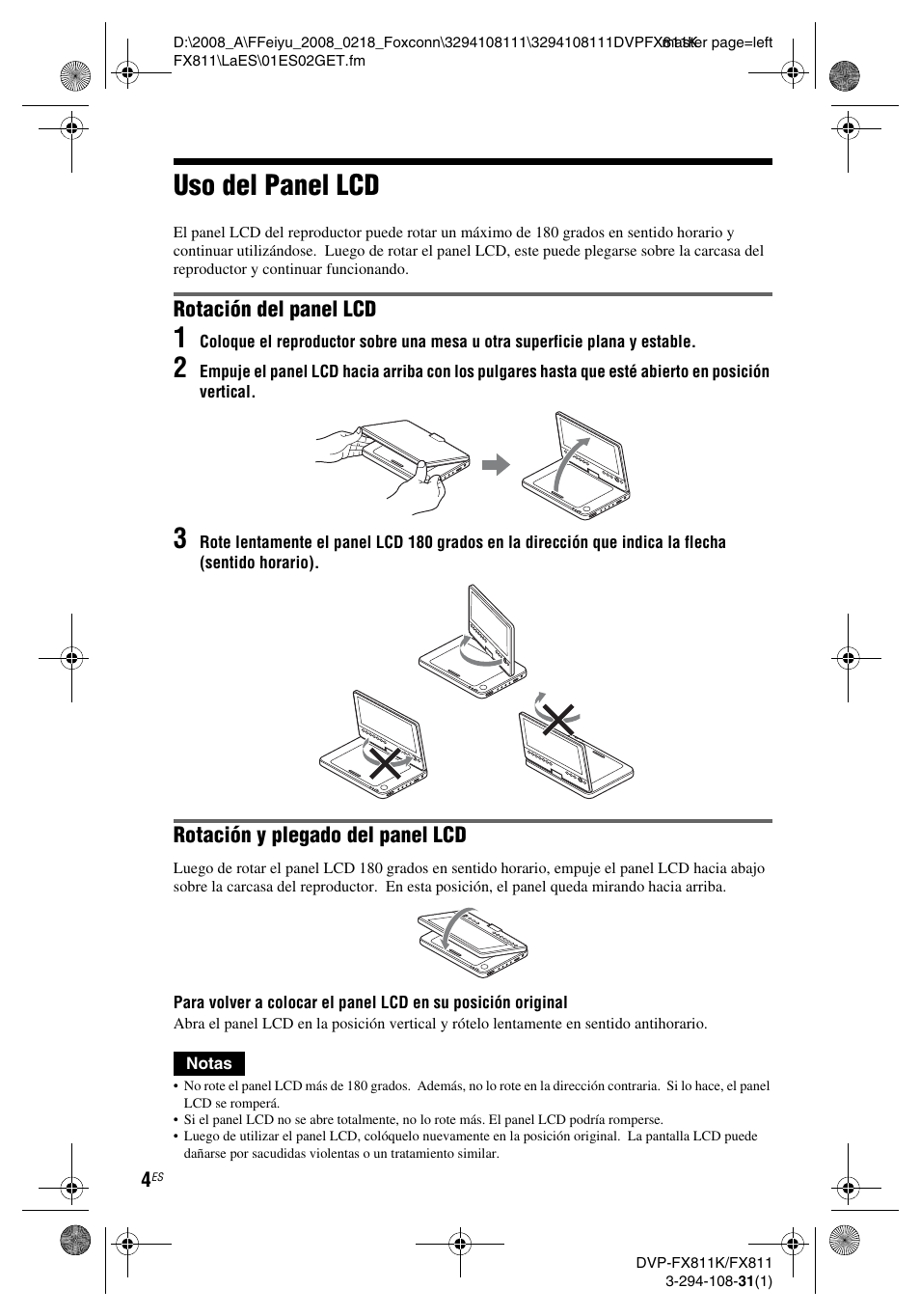 Uso del panel lcd, Rotación del panel lcd, Rotación y plegado del panel lcd | Sony DVP-FX811 User Manual | Page 48 / 60