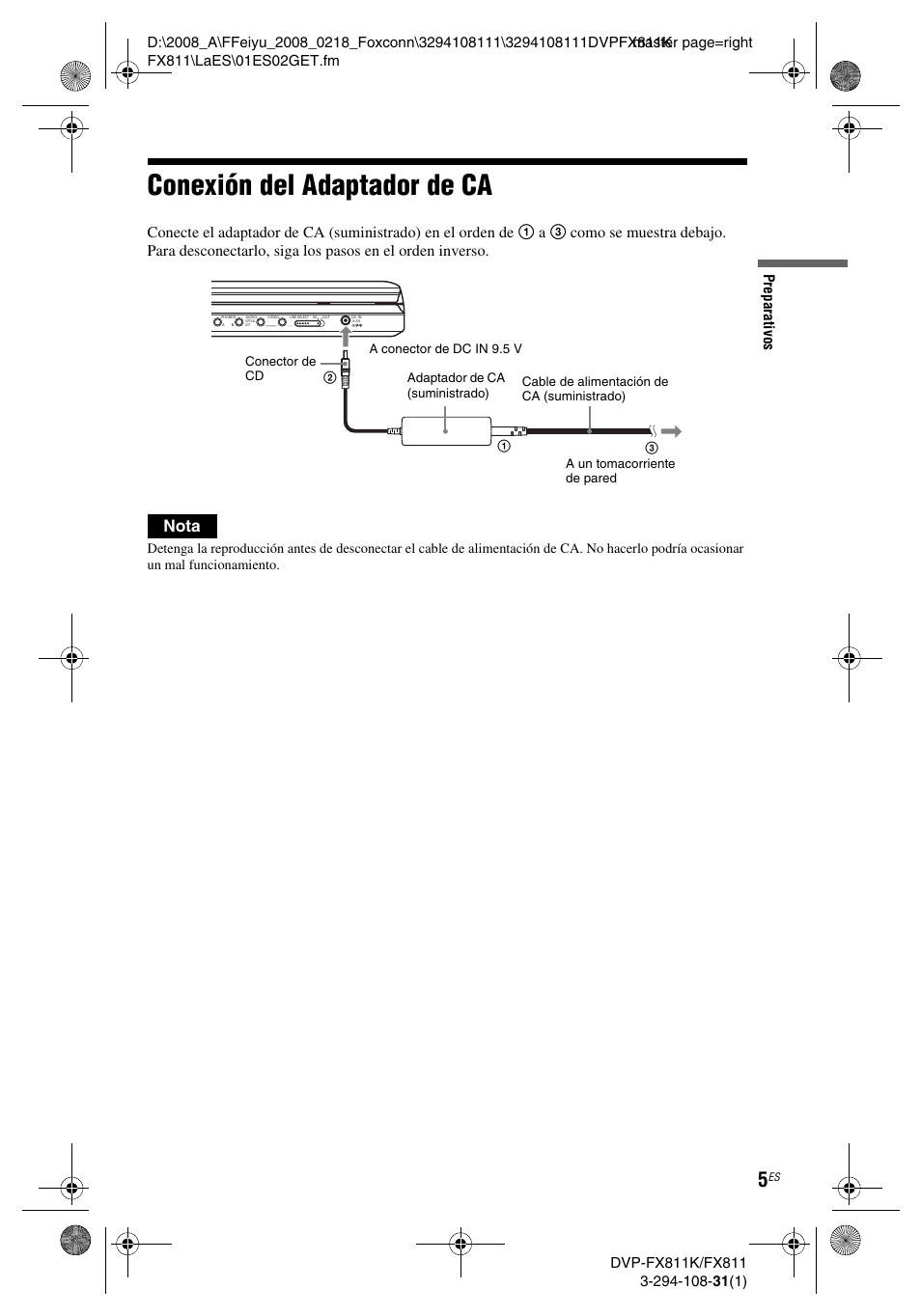 Conexión del adaptador de ca, Nota | Sony DVP-FX811 User Manual | Page 49 / 60