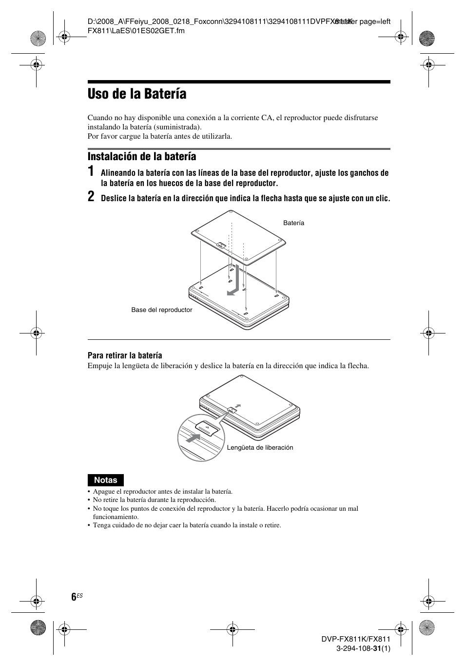 Uso de la batería, Instalación de la batería | Sony DVP-FX811 User Manual | Page 50 / 60
